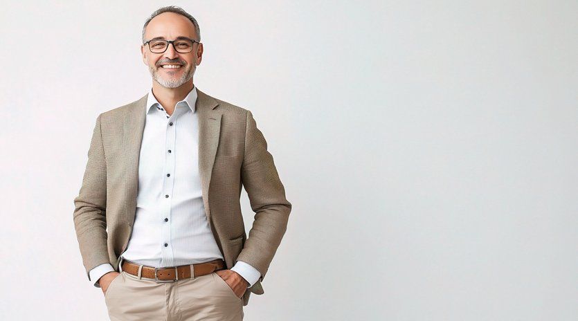 vecteezy a man in a suit and glasses standing in front of a white